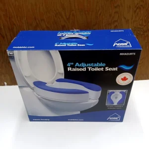 Adjustable raised toilet seat for standard and elongated toilets, tool-free installation, cushioned support, supports 350 lbs.