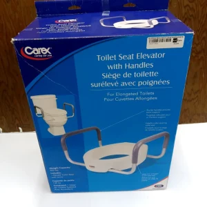 Elevated toilet seat with armrests, adds 4.5 inches of height, supports up to 300 lbs, easy-to-install bathroom aid, tool-free locking mechanism